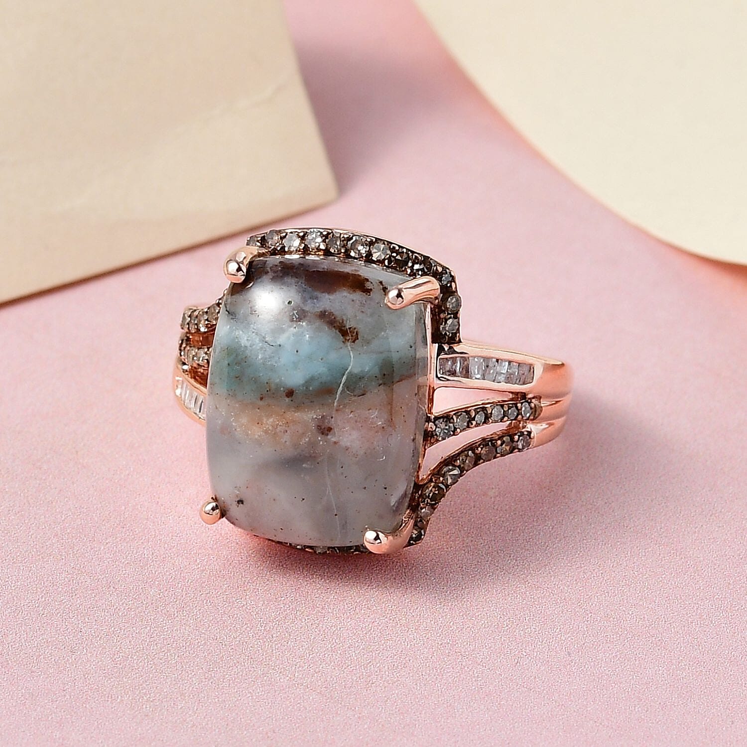 Premium Zimbaprase, Natural Champagne and White Diamond Ring in Vermeil Rose Gold Over Sterling Silver (Size 10.0) 12.35 ctw