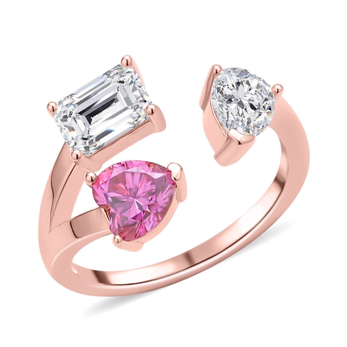 White and Pink Moissanite Mixed Shapes Heart Trinity Open Ring in Vermeil Rose Gold Over Sterling Silver 2.60 ctw image number 0
