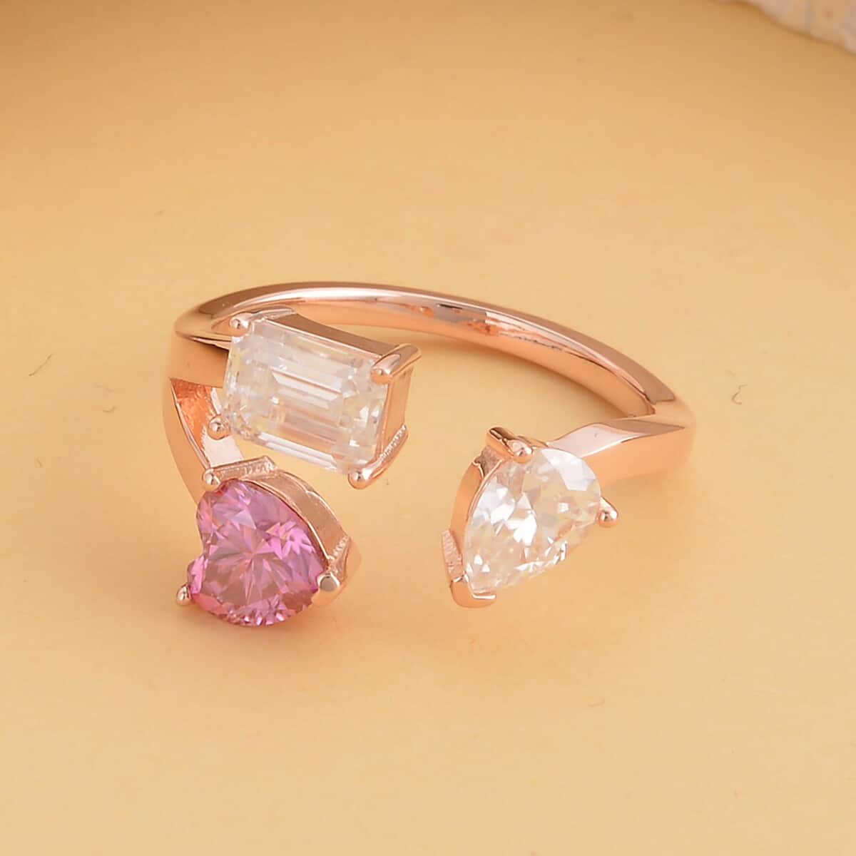 White and Pink Moissanite Mixed Shapes Heart Trinity Open Ring in Vermeil Rose Gold Over Sterling Silver 2.60 ctw image number 1