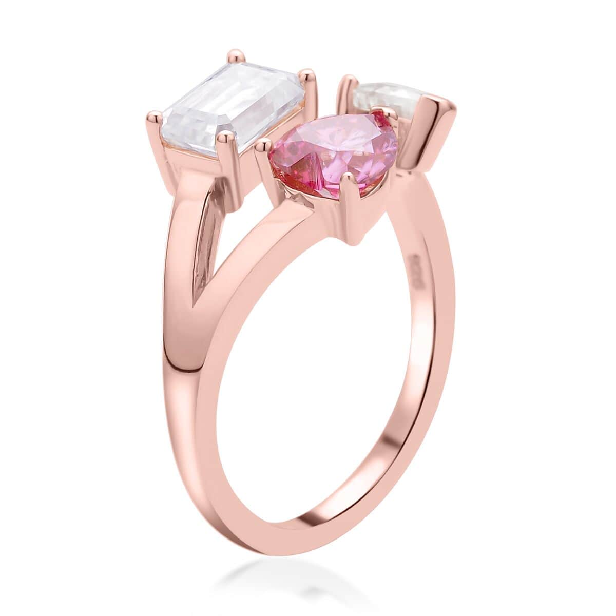 White and Pink Moissanite Mixed Shapes Heart Trinity Open Ring in Vermeil Rose Gold Over Sterling Silver 2.60 ctw image number 3