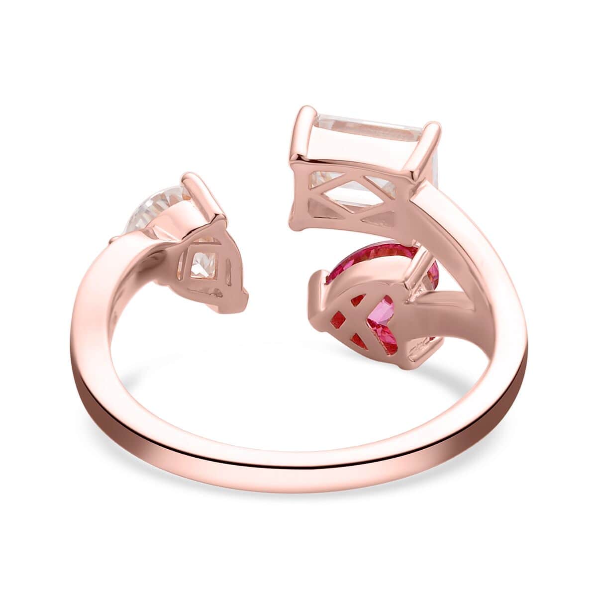 White and Pink Moissanite Mixed Shapes Heart Trinity Open Ring in Vermeil Rose Gold Over Sterling Silver 2.60 ctw image number 4