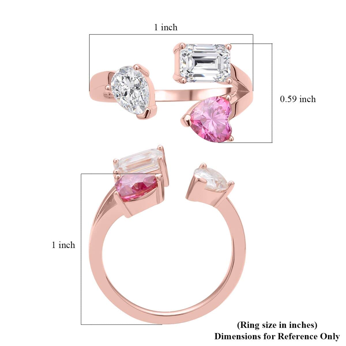 White and Pink Moissanite Mixed Shapes Heart Trinity Open Ring in Vermeil Rose Gold Over Sterling Silver 2.60 ctw image number 5