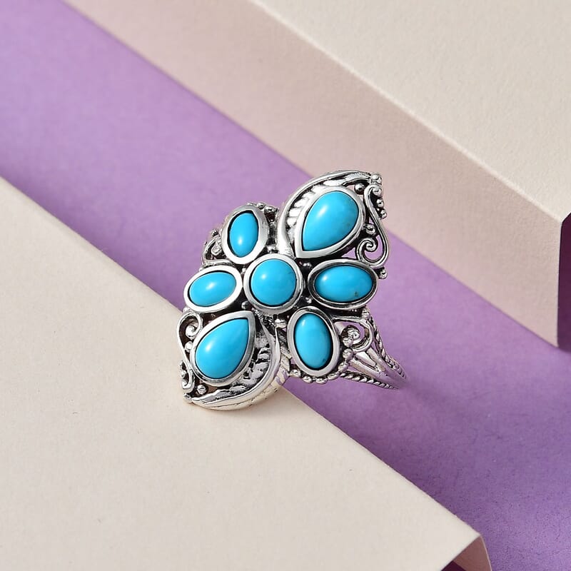 Artisan Crafted Sleeping Beauty Turquoise Floral Ring in Sterling Silver (Size 10.0) 2.15 ctw