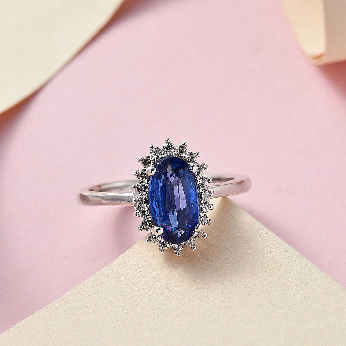 Kashmir Kyanite and Natural White Zircon Halo Ring in Platinum Over Sterling Silver 1.75 ctw image number 1