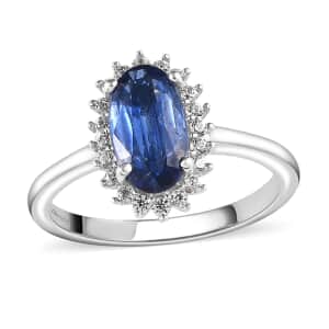Kashmir Kyanite and Natural White Zircon Halo Ring in Platinum Over Sterling Silver (Size 8.0) 1.75 ctw
