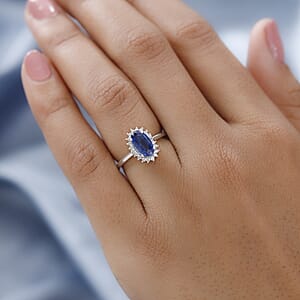 Kashmir Kyanite and Natural White Zircon Halo Ring in Platinum Over Sterling Silver (Size 8.0) 1.75 ctw