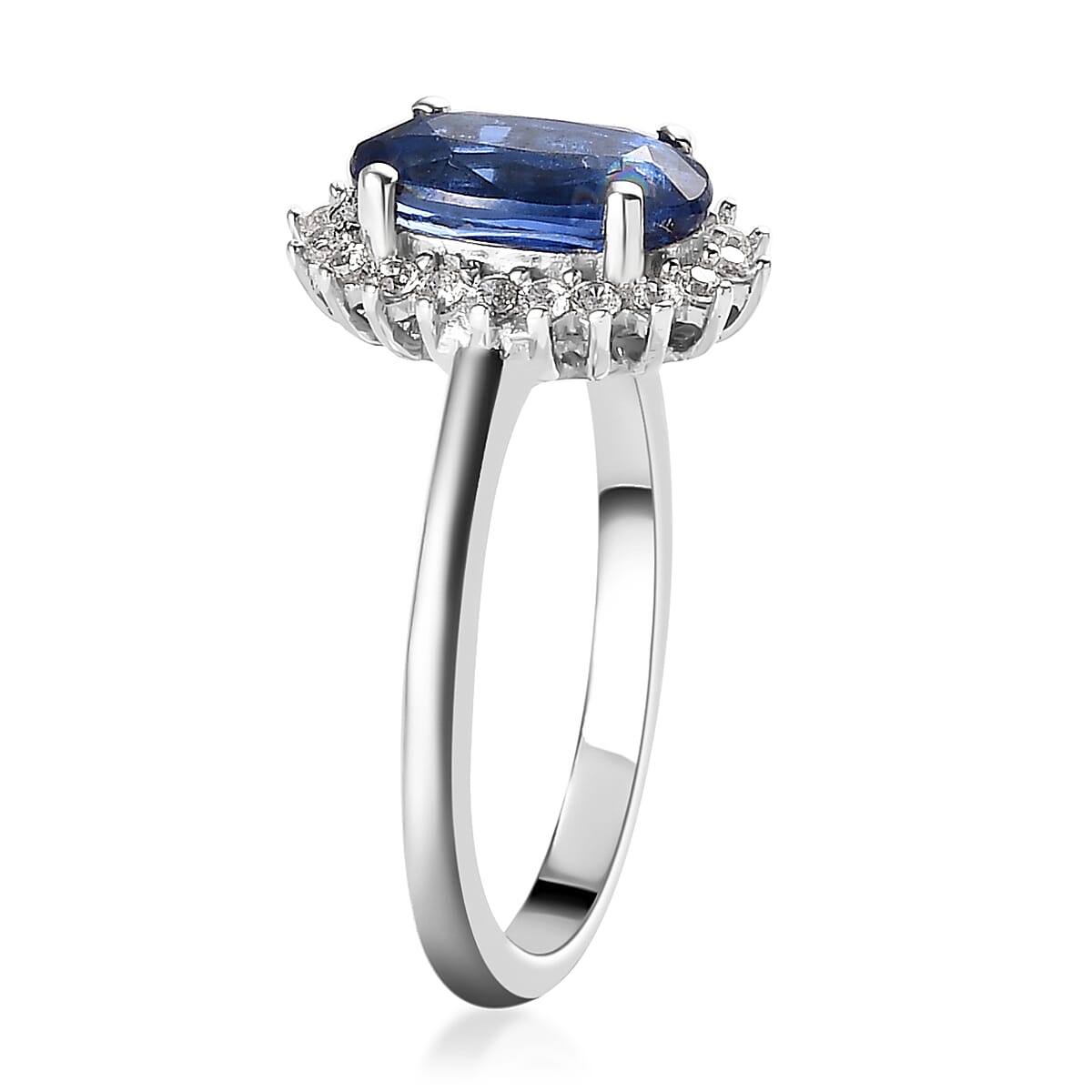 Kashmir Kyanite and Natural White Zircon Halo Ring in Platinum Over Sterling Silver (Size 8.0) 1.75 ctw image number 3