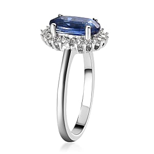 Kashmir Kyanite and Natural White Zircon Halo Ring in Platinum Over Sterling Silver (Size 8.0) 1.75 ctw
