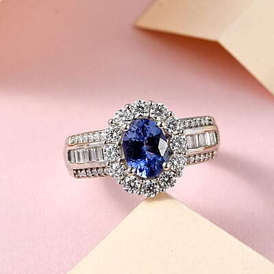 AAA Tanzanite and Moissanite Halo Ring in Platinum Over Sterling Silver (Size 10.0) 2.25 ctw
