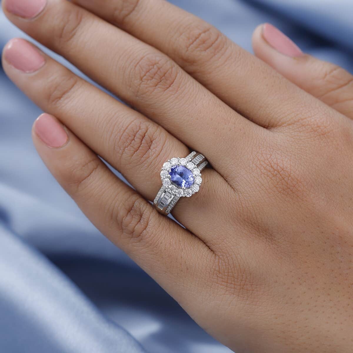 Doorbuster AAA Tanzanite and Moissanite Halo Ring in Platinum Over Sterling Silver 2.25 ctw image number 2