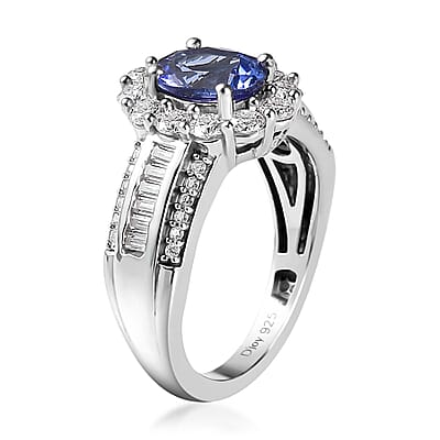 AAA Tanzanite and Moissanite Halo Ring in Platinum Over Sterling Silver (Size 10.0) 2.25 ctw