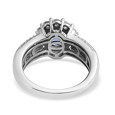 AAA Tanzanite and Moissanite Halo Ring in Platinum Over Sterling Silver (Size 10.0) 2.25 ctw