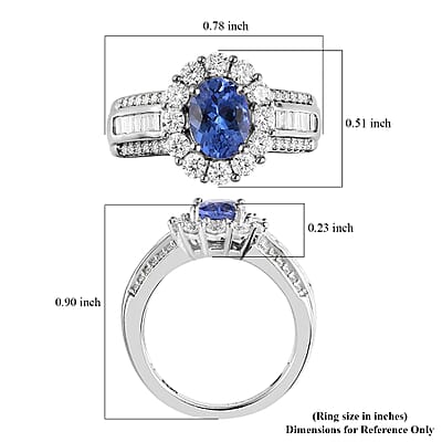 AAA Tanzanite and Moissanite Halo Ring in Platinum Over Sterling Silver (Size 10.0) 2.25 ctw