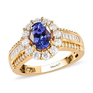 AAA Tanzanite and Moissanite Halo Ring in Vermeil Yellow Gold Over Sterling Silver (Size 9.0) 2.25 ctw