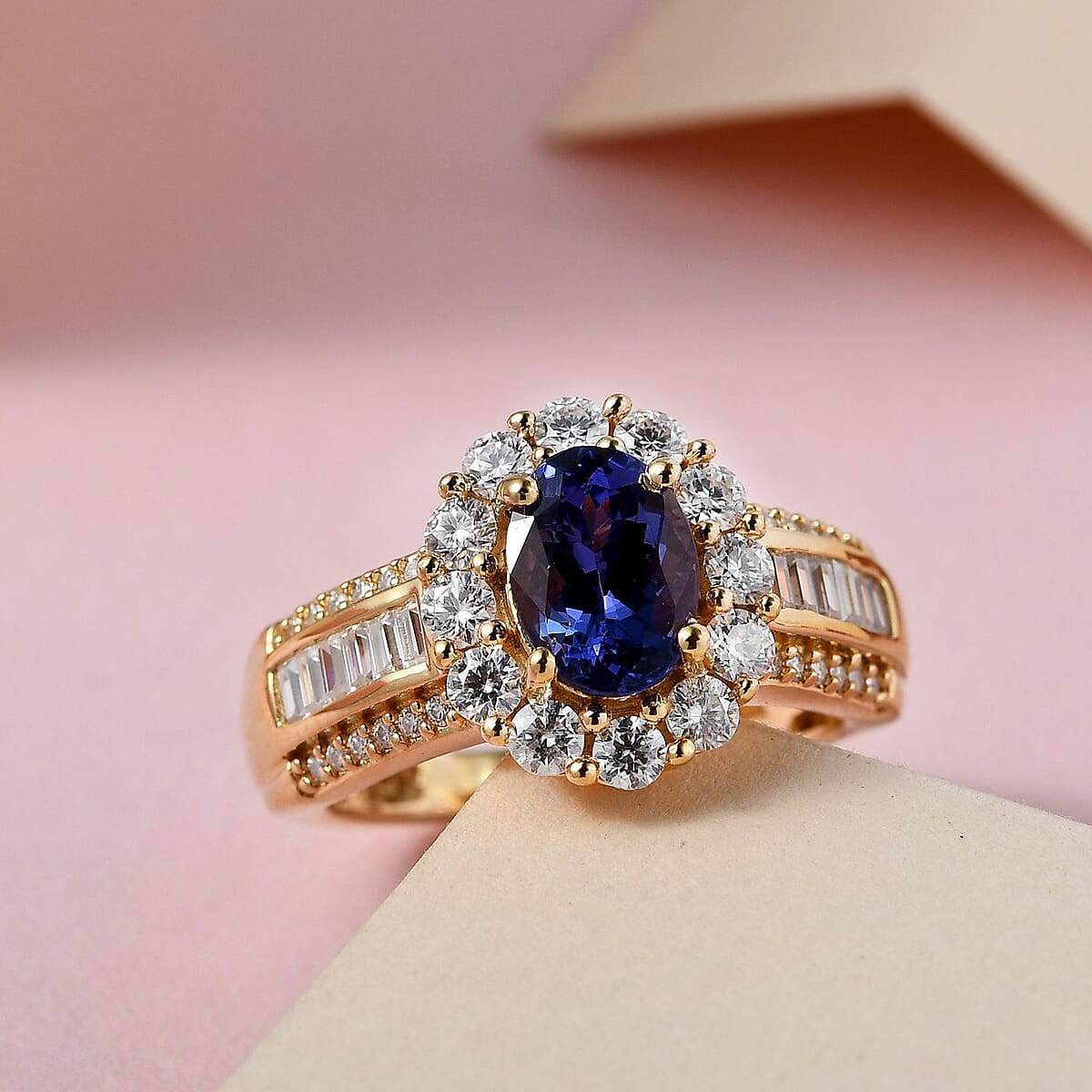 AAA Tanzanite and Moissanite Halo Ring in Vermeil Yellow Gold Over Sterling Silver (Size 9.0) 2.25 ctw image number 1
