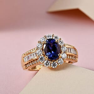 AAA Tanzanite and Moissanite Halo Ring in Vermeil Yellow Gold Over Sterling Silver (Size 9.0) 2.25 ctw