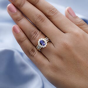 AAA Tanzanite and Moissanite Halo Ring in Vermeil Yellow Gold Over Sterling Silver (Size 9.0) 2.25 ctw