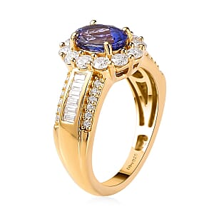 AAA Tanzanite and Moissanite Halo Ring in Vermeil Yellow Gold Over Sterling Silver (Size 9.0) 2.25 ctw