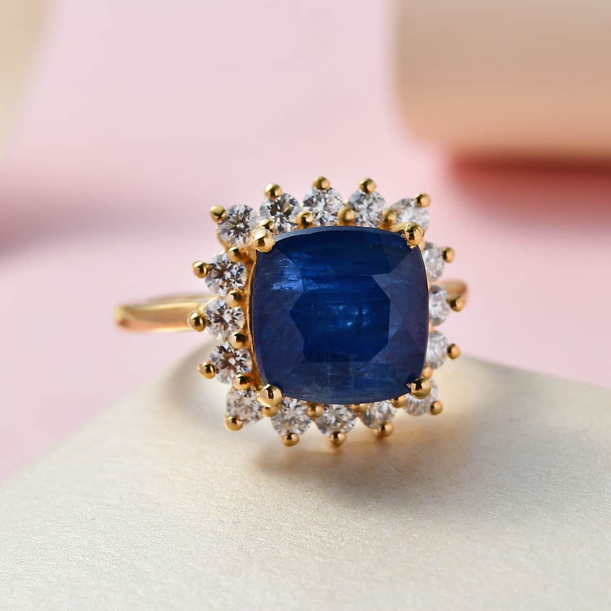 Premium Kashmir Kyanite and Moissanite Halo Ring in Vermeil Yellow Gold Over Sterling Silver 4.50 ctw image number 1