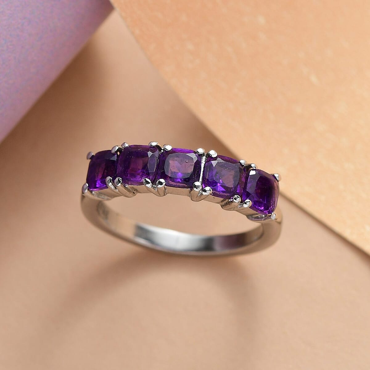 African Amethyst 5 Stone Ring in Stainless Steel 1.40 ctw image number 2