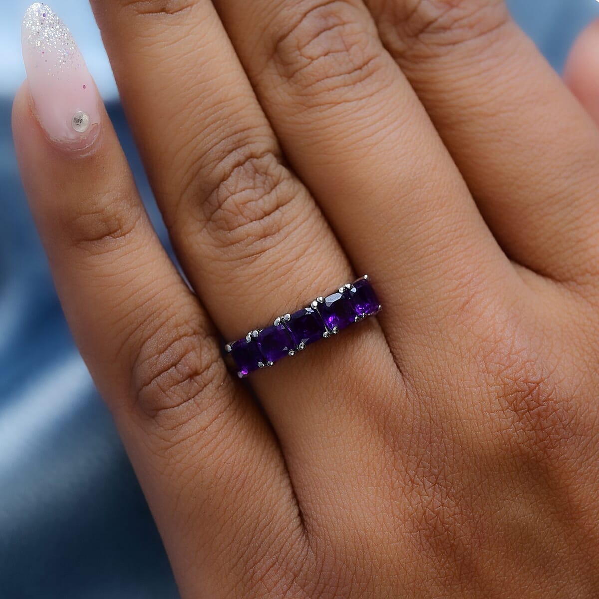 African Amethyst 5 Stone Ring in Stainless Steel 1.40 ctw image number 3