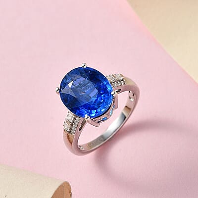 Kashmir Kyanite and Moissanite Ring in Platinum Over Sterling Silver (Size 10.0) 6.65 ctw
