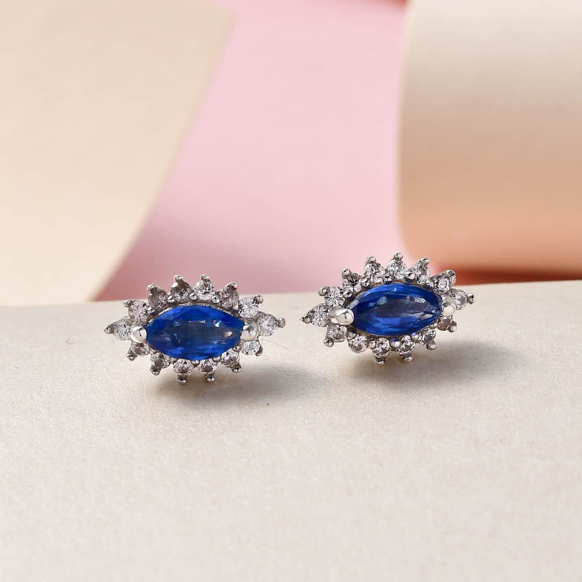 Kashmir Kyanite and Natural White Zircon Stud Earrings in Platinum Over Sterling Silver 1.00 ctw image number 1
