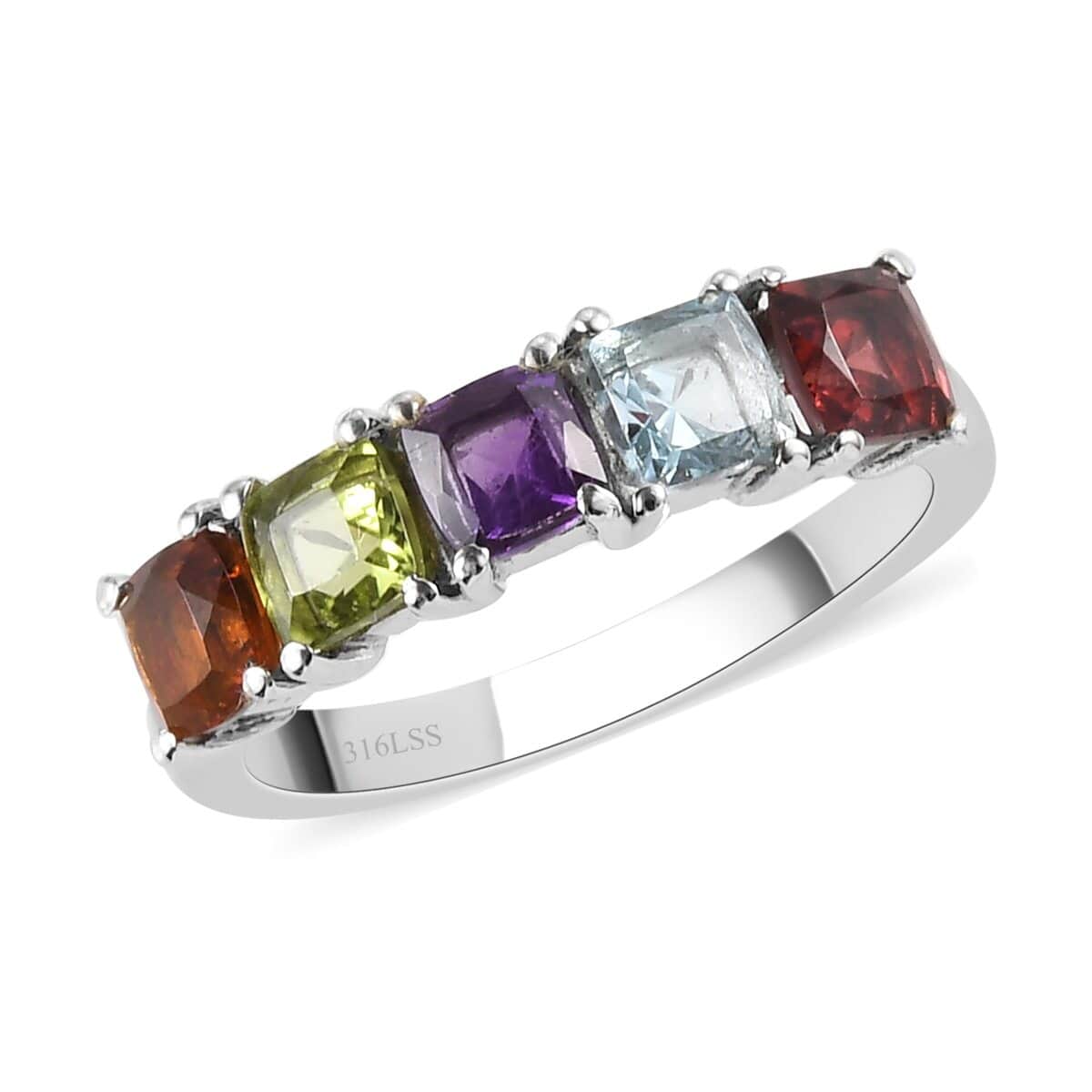 Amethyst and Multi Gemstone 5 Stone Ring in Stainless Steel 1.50 ctw image number 0