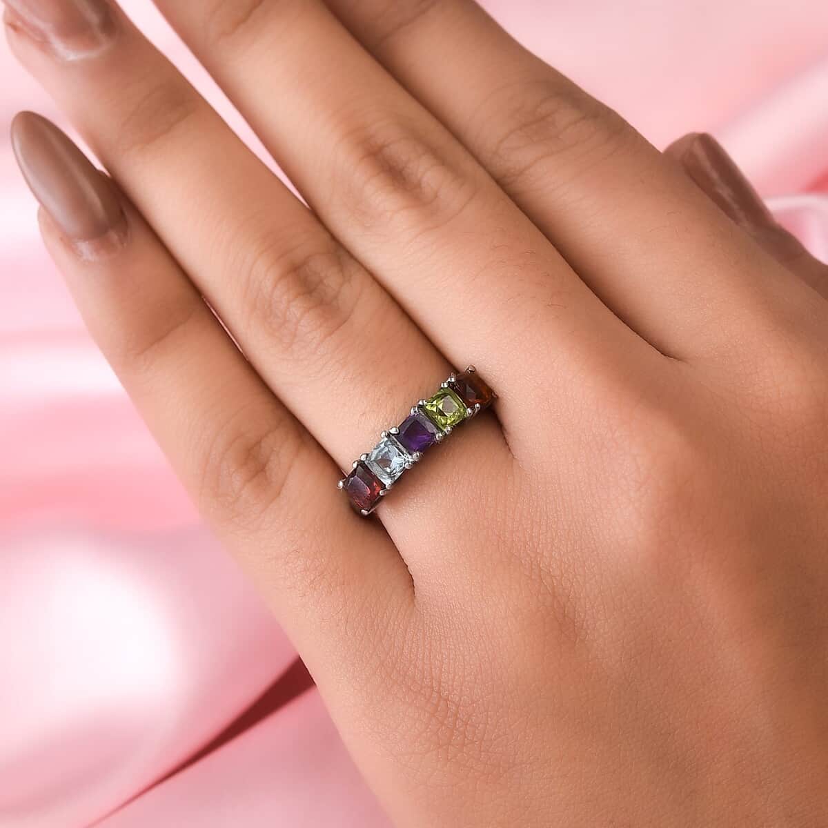 Amethyst and Multi Gemstone 5 Stone Ring in Stainless Steel 1.50 ctw image number 1