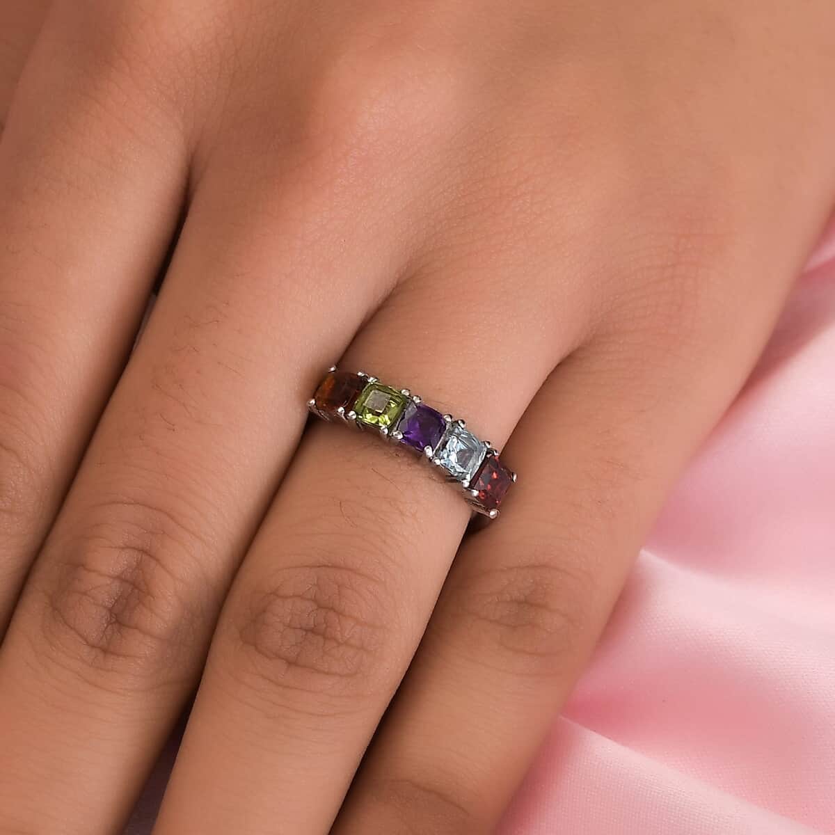 Amethyst and Multi Gemstone 5 Stone Ring in Stainless Steel 1.50 ctw image number 2