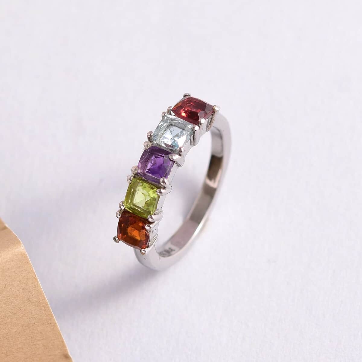 Amethyst and Multi Gemstone 5 Stone Ring in Stainless Steel 1.50 ctw image number 3