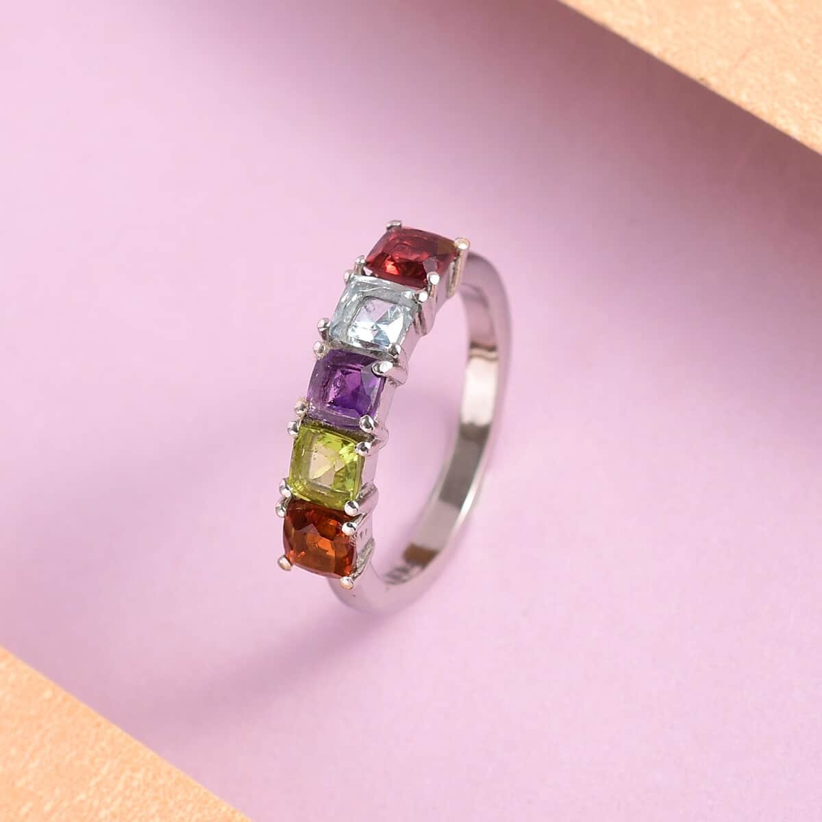 Amethyst and Multi Gemstone 5 Stone Ring in Stainless Steel 1.50 ctw image number 4
