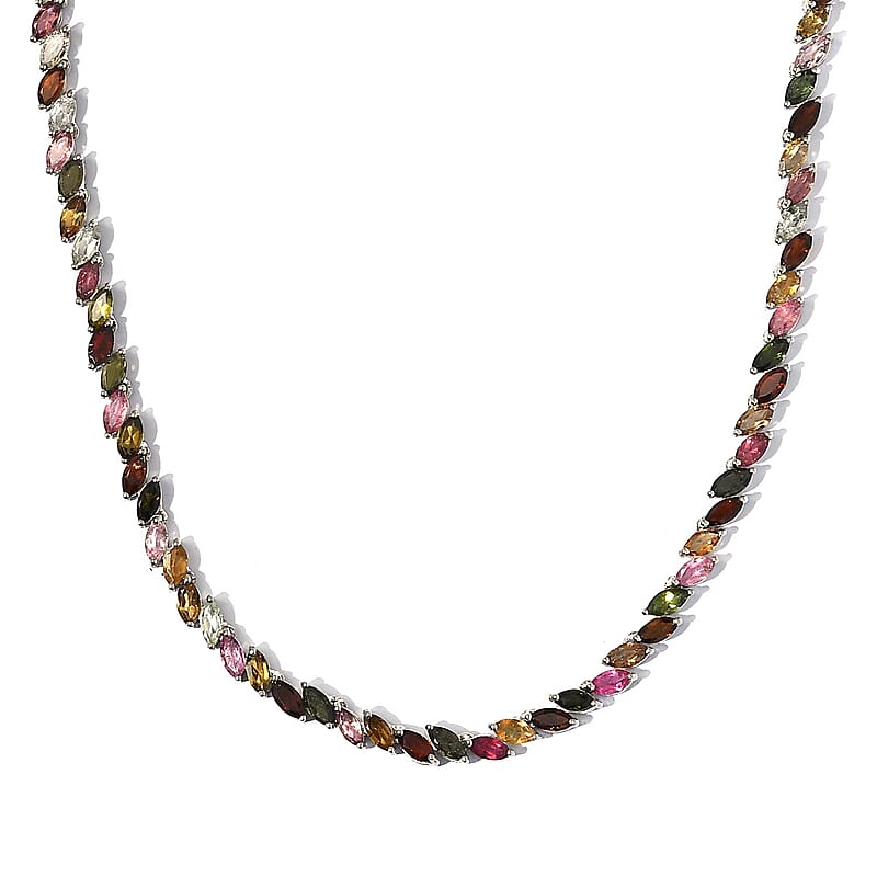 Multi-Tourmaline Tennis Necklace 18 Inches in Platinum Over Sterling Silver 25.30 ctw