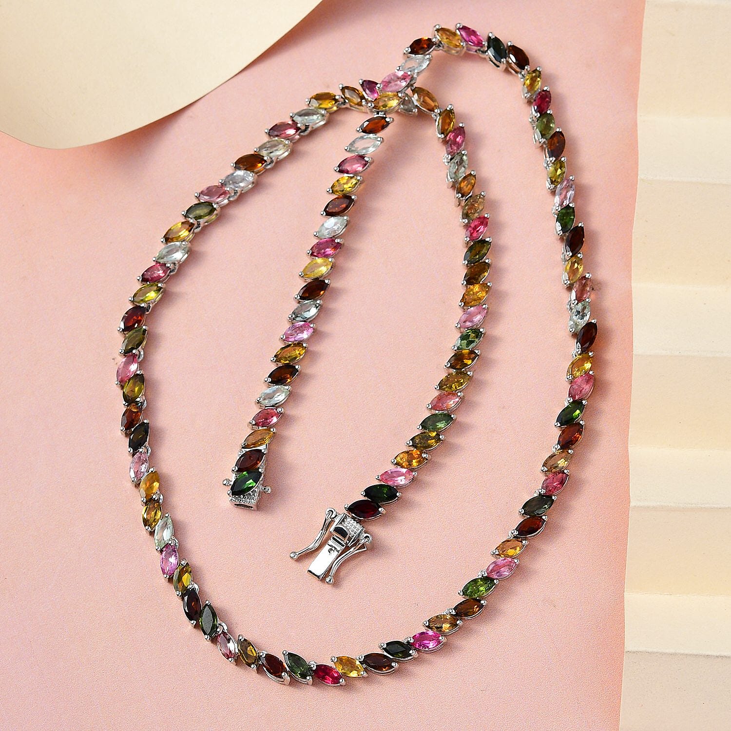 Multi-Tourmaline Tennis Necklace 18 Inches in Platinum Over Sterling Silver 25.30 ctw