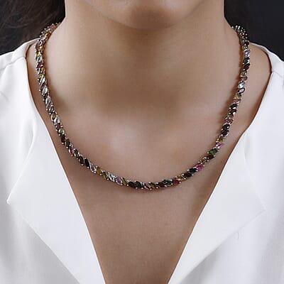 Multi-Tourmaline Tennis Necklace 18 Inches in Platinum Over Sterling Silver 25.30 ctw