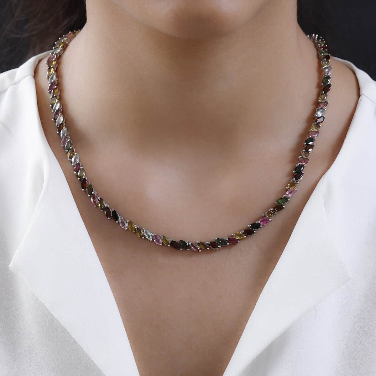 Multi-Tourmaline Tennis Necklace 18 Inches in Platinum Over Sterling Silver 25.30 ctw image number 2