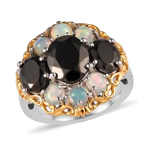 Elite Shungite and Premium Ethiopian Opal Floral Cocktail Ring in Vermeil YG and Platinum Over Sterling Silver (Size 6.0) 4.10 ctw