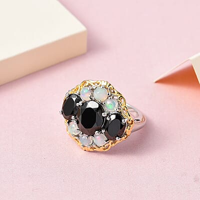 Elite Shungite and Premium Ethiopian Opal Floral Cocktail Ring in Vermeil YG and Platinum Over Sterling Silver (Size 6.0) 4.10 ctw