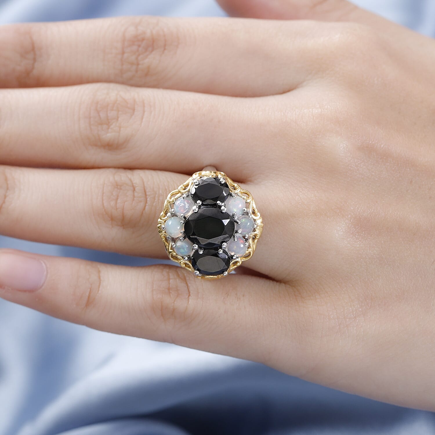 Elite Shungite and Premium Ethiopian Opal Floral Cocktail Ring in Vermeil YG and Platinum Over Sterling Silver (Size 6.0) 4.10 ctw