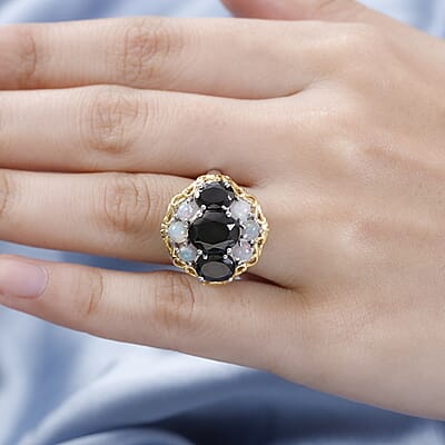 Elite Shungite and Premium Ethiopian Opal Floral Cocktail Ring in Vermeil YG and Platinum Over Sterling Silver (Size 6.0) 4.10 ctw