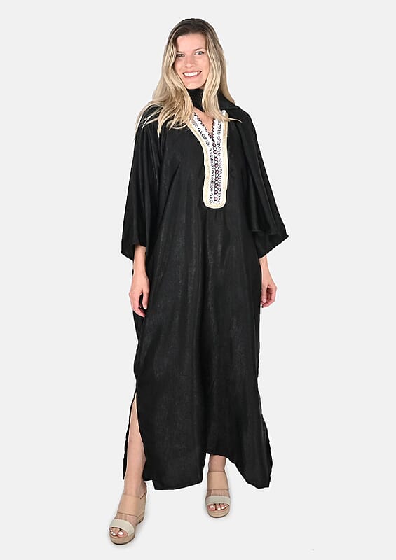 Tamsy Black Brushed Sateen Dress with Trim and Scarf - One Size Fits Most