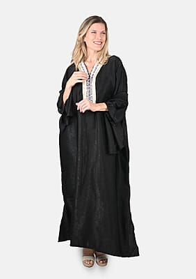 Tamsy Black Brushed Sateen Dress with Trim and Scarf - One Size Fits Most