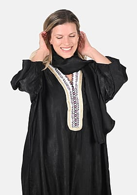 Tamsy Black Brushed Sateen Dress with Trim and Scarf - One Size Fits Most