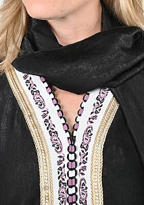 Tamsy Black Brushed Sateen Dress with Trim and Scarf - One Size Fits Most