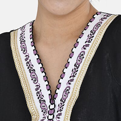 Tamsy Black Brushed Sateen Dress with Trim and Scarf - One Size Fits Most