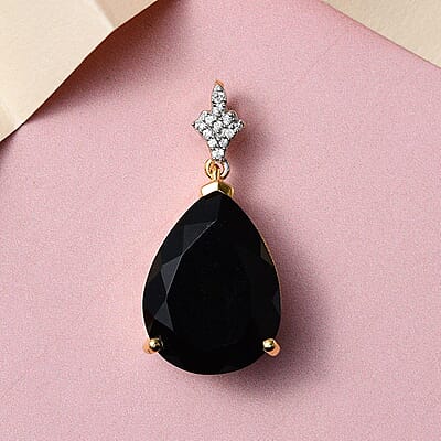 Black Tourmaline and White Zircon 16.63 ctw Pendant in 14K YG Over Sterling Silver