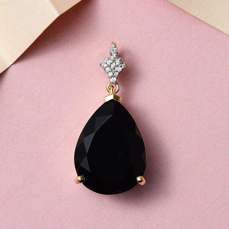 Black Tourmaline and White Zircon 16.63 ctw Pendant in 14K YG Over Sterling Silver