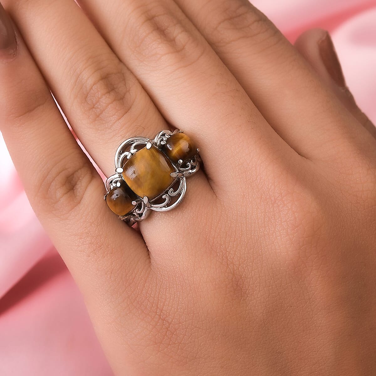 Tiger's Eye 3 Stone Ring in Stainless Steel (Size 8.0) 6.50 ctw image number 1