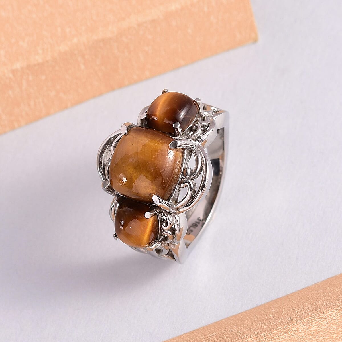 Tiger's Eye 3 Stone Ring in Stainless Steel (Size 8.0) 6.50 ctw image number 4