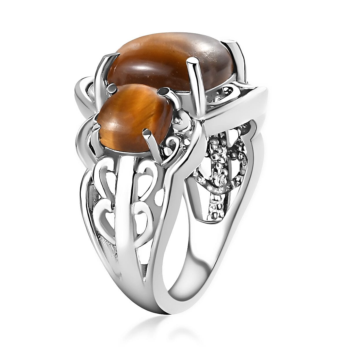 Tiger's Eye 3 Stone Ring in Stainless Steel (Size 8.0) 6.50 ctw image number 5